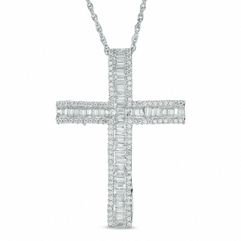 7/8 CT. T.W. Baguette Diamond Cross Pendant in 10K White Gold | Zales