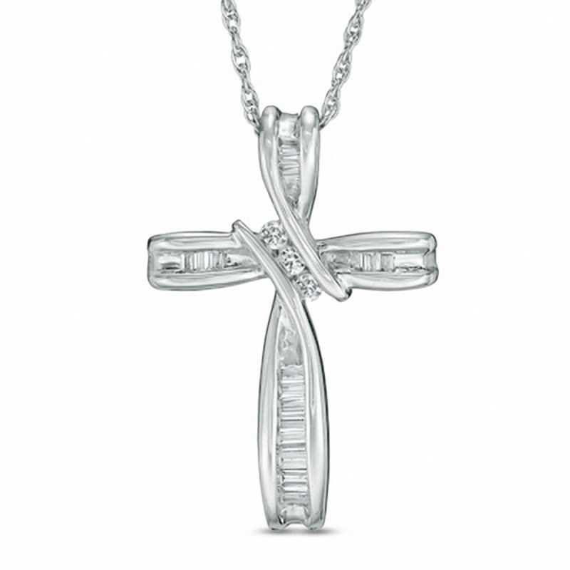 Main Image 1 of 1/5 CT. T.W. Diamond Bypass Cross Pendant in 10K White Gold