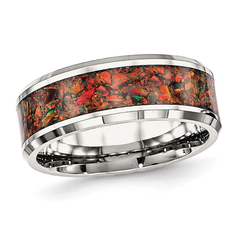 Men's 8.0mm Simulated Red Opal Inlay Wedding Band in Stainless Steel