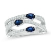 Thumbnail Image 0 of Lab-Created Blue and White Sapphire Three Stone Orbit Ring in Sterling Silver