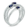 Thumbnail Image 2 of Lab-Created Blue and White Sapphire Three Stone Orbit Ring in Sterling Silver