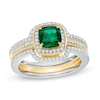 Thumbnail Image 0 of 6.0mm Cushion-Cut Lab-Created Emerald and White Sapphire Frame Bridal Set in Sterling Silver and 14K Gold Plate