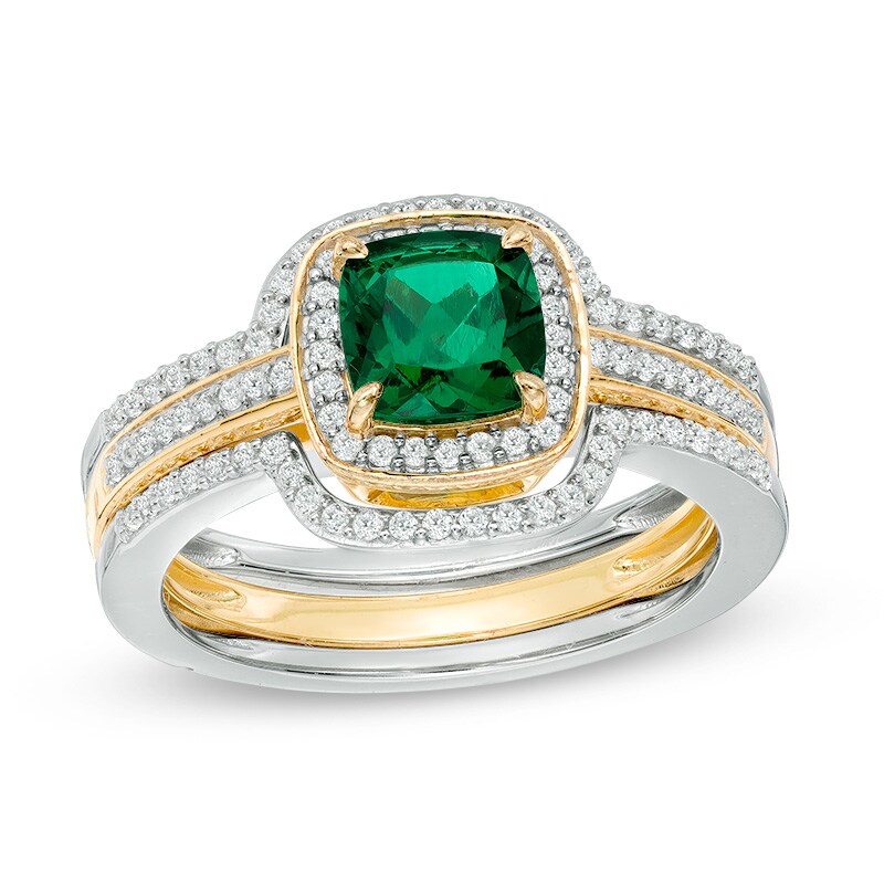 6.0mm Cushion-Cut Lab-Created Emerald and White Sapphire Frame Bridal Set in Sterling Silver and 14K Gold Plate