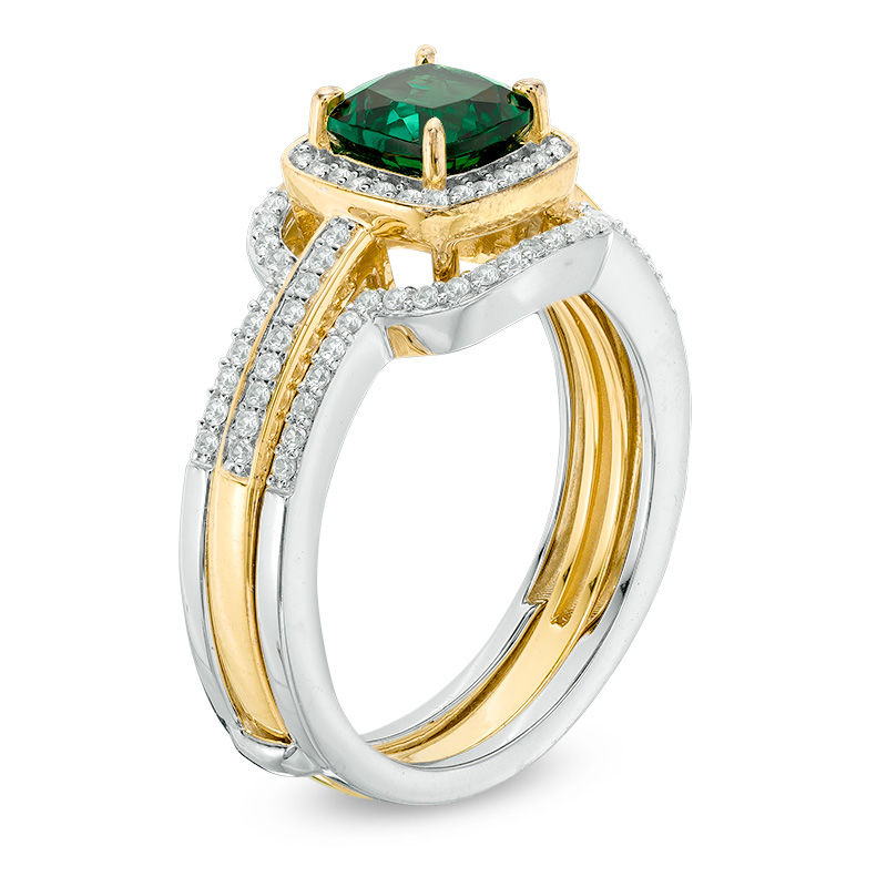 6.0mm Cushion-Cut Lab-Created Emerald and White Sapphire Frame Bridal Set in Sterling Silver and 14K Gold Plate