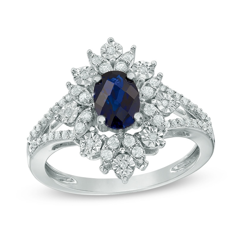 Main Image 1 of Oval Lab-Created Blue and White Sapphire Starburst Frame Ring in Sterling Silver