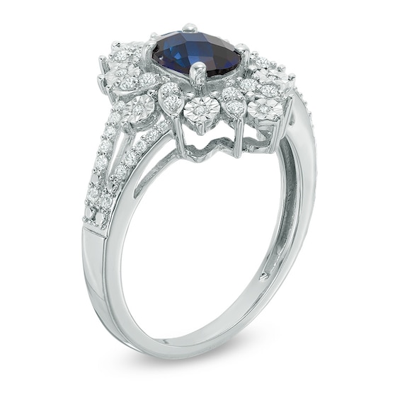 Oval Lab-Created Blue and White Sapphire Starburst Frame Ring in ...