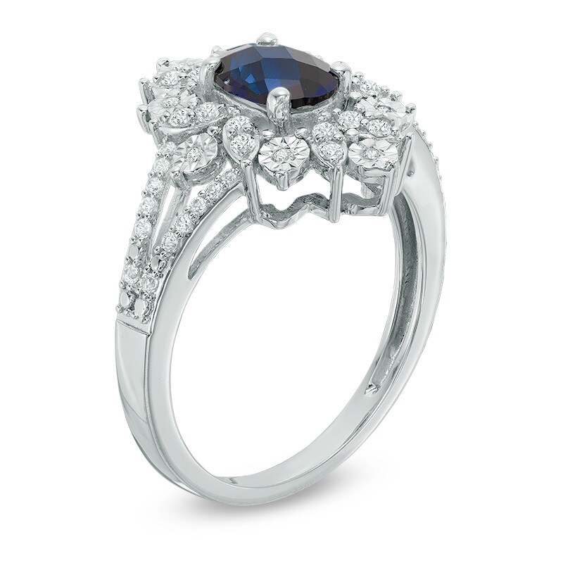 Main Image 2 of Oval Lab-Created Blue and White Sapphire Starburst Frame Ring in Sterling Silver