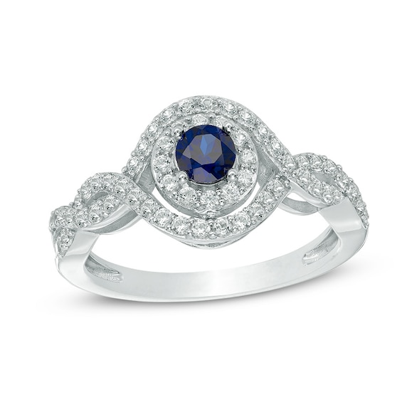 5.0mm Lab-Created Blue and White Sapphire Double Swirl Frame Ring in Sterling Silver