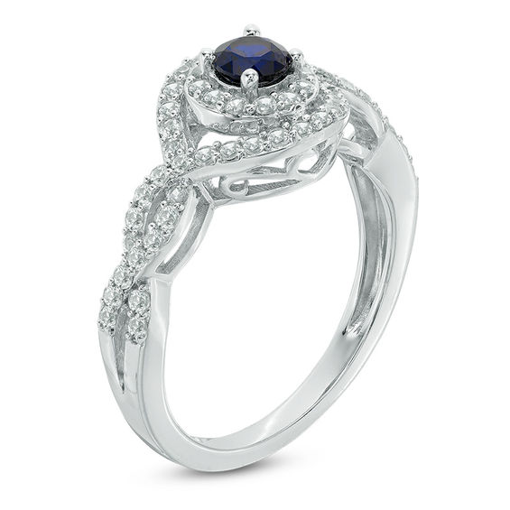 5.0mm Lab-Created Blue and White Sapphire Double Swirl Frame Ring in ...