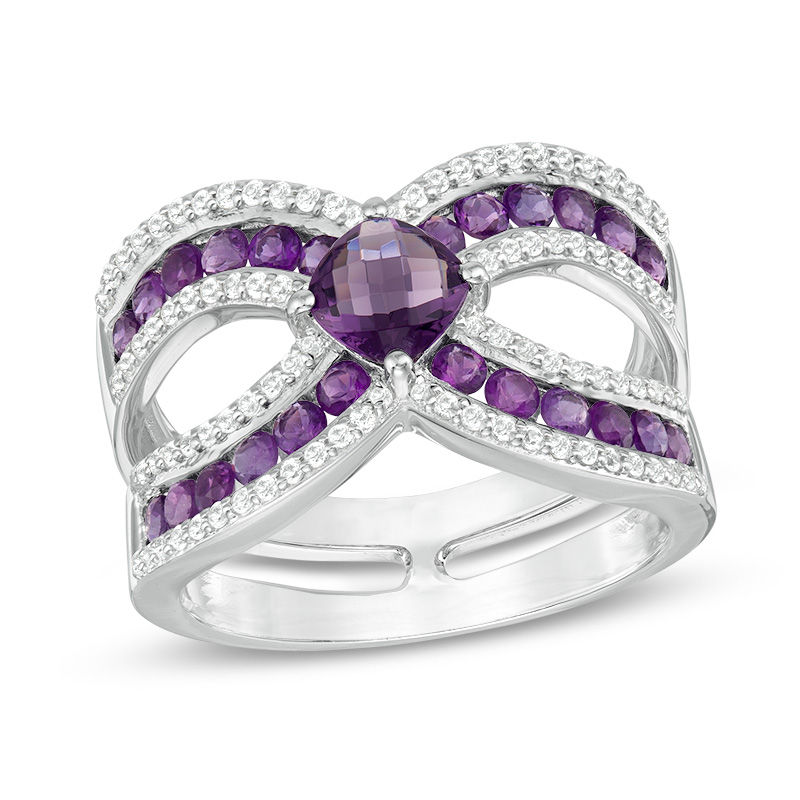 5.0mm Cushion-Cut Amethyst and Lab-Created White Sapphire Split Shank Ring in Sterling Silver