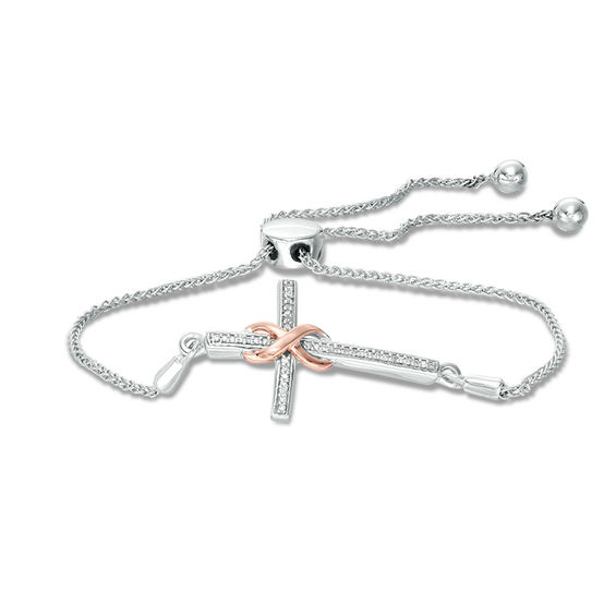 1/15 CT. T.w. Diamond Infinity Wrap Cross Bolo Bracelet in Sterling Silver and 10K Rose Gold - 9.5"