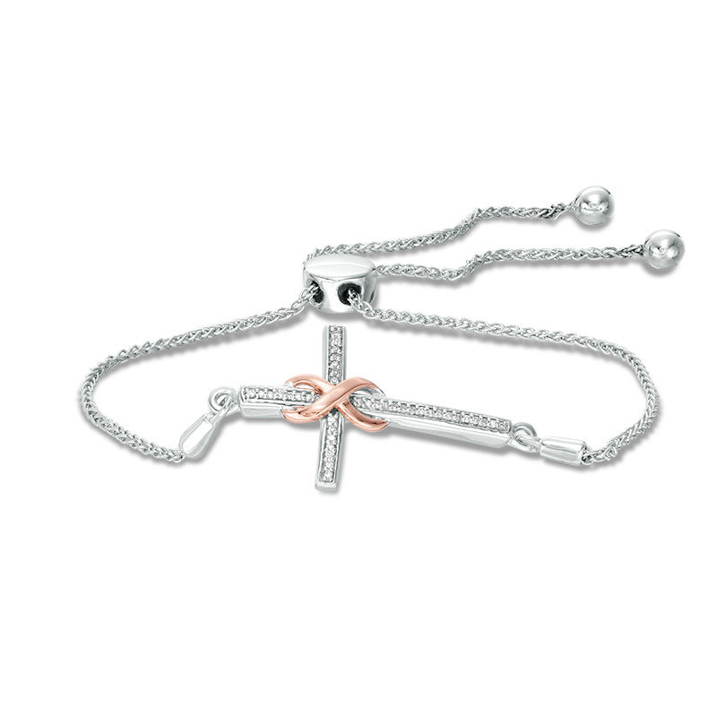 Main Image 1 of 1/15 CT. T.W. Diamond Infinity Wrap Cross Bolo Bracelet in Sterling Silver and 10K Rose Gold - 9.5"