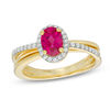 Thumbnail Image 0 of Oval Lab-Created Ruby and White Sapphire Frame Orbit Ring in Sterling Silver and 14K Gold Plate