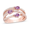 Thumbnail Image 0 of Pear-Shaped Amethyst and Lab-Created White Sapphire Three Stone Orbit Ring in Sterling Silver and 14K Rose Gold Plate