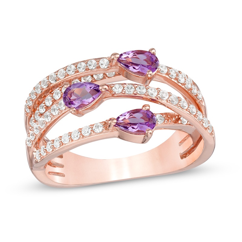 Pear-Shaped Amethyst and Lab-Created White Sapphire Three Stone Orbit Ring in Sterling Silver and 14K Rose Gold Plate