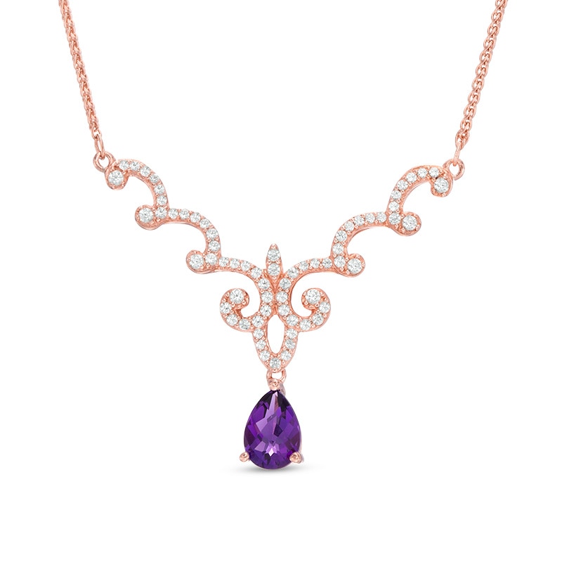 Pear-Shaped Amethyst and Lab-Created White Sapphire Scallop Necklace in Sterling Silver and 14K Rose Gold Plate - 17"