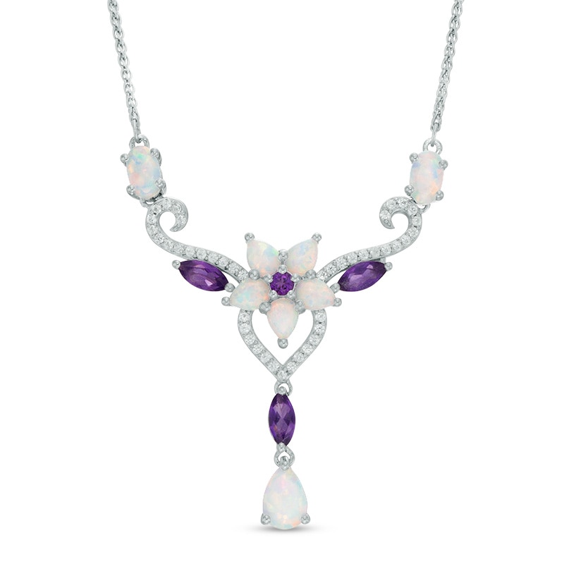 Amethyst, Lab-Created Opal, and White Sapphire Flower Necklace in Sterling Silver - 17"