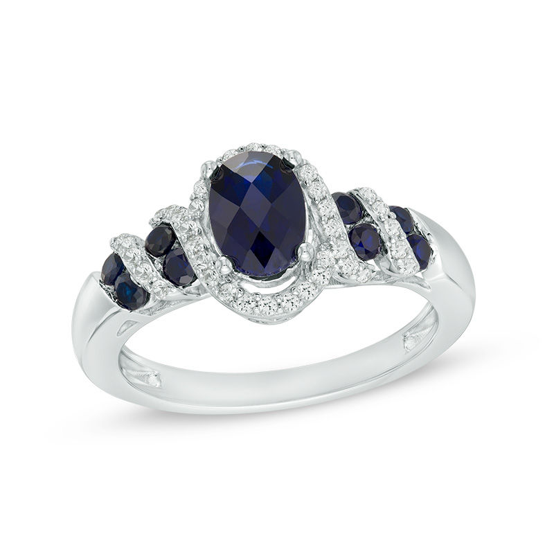 Oval Lab-Created Blue and White Sapphire Cascading Frame Ring in Sterling Silver