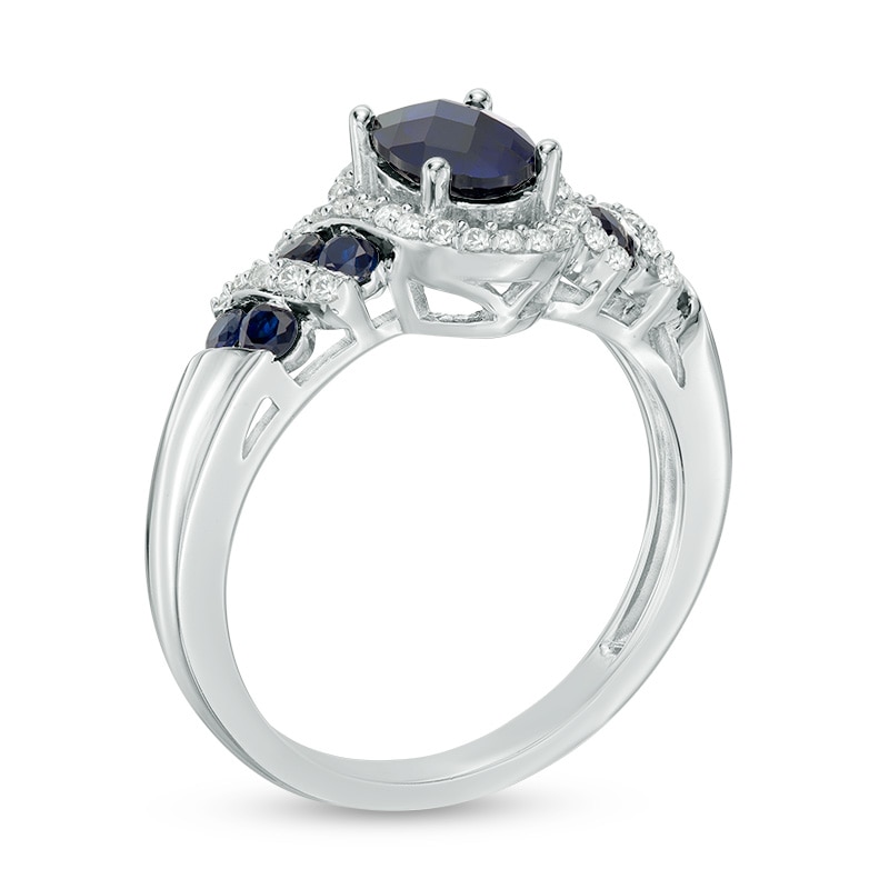 Oval Lab-Created Blue and White Sapphire Cascading Frame Ring in Sterling Silver