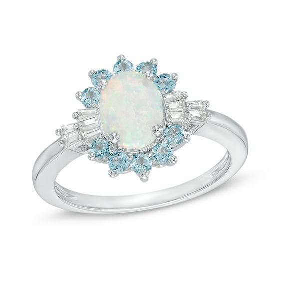 Blue Topaz, Oval Lab-Created Opal, and White Sapphire Starburst Frame ...