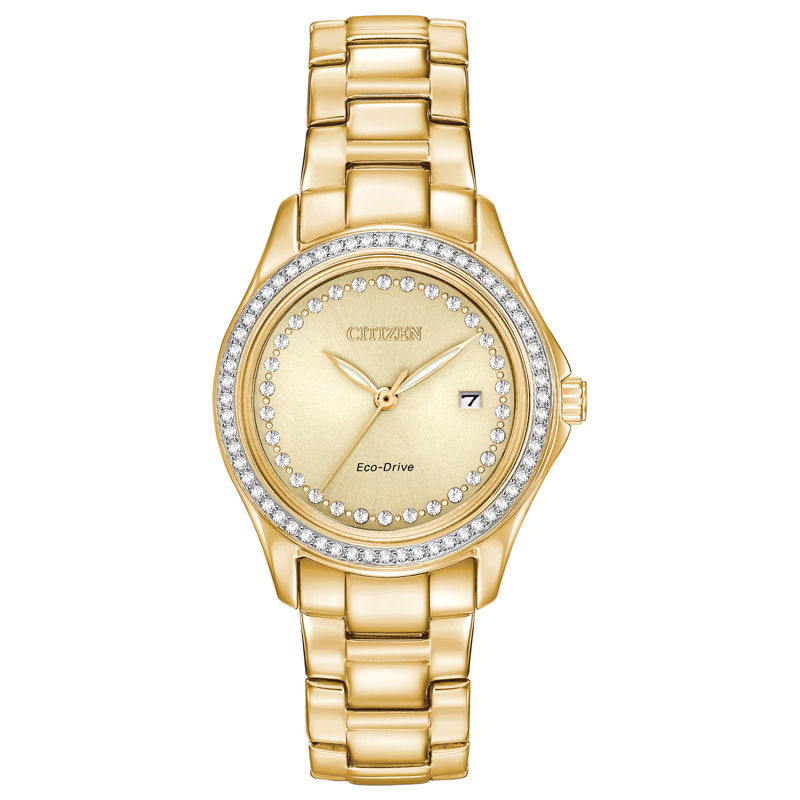 Ladies' Exclusive Citizen Eco-Drive® Crystal Accent Gold-Tone Watch with Champagne Dial (Model: FE1142-81P)