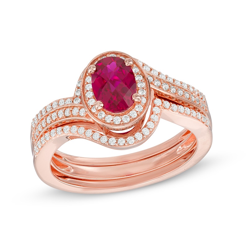 Oval Lab-Created Ruby and White Sapphire Swirl Frame Bridal Set in Sterling Silver and 14K Rose Gold Plate