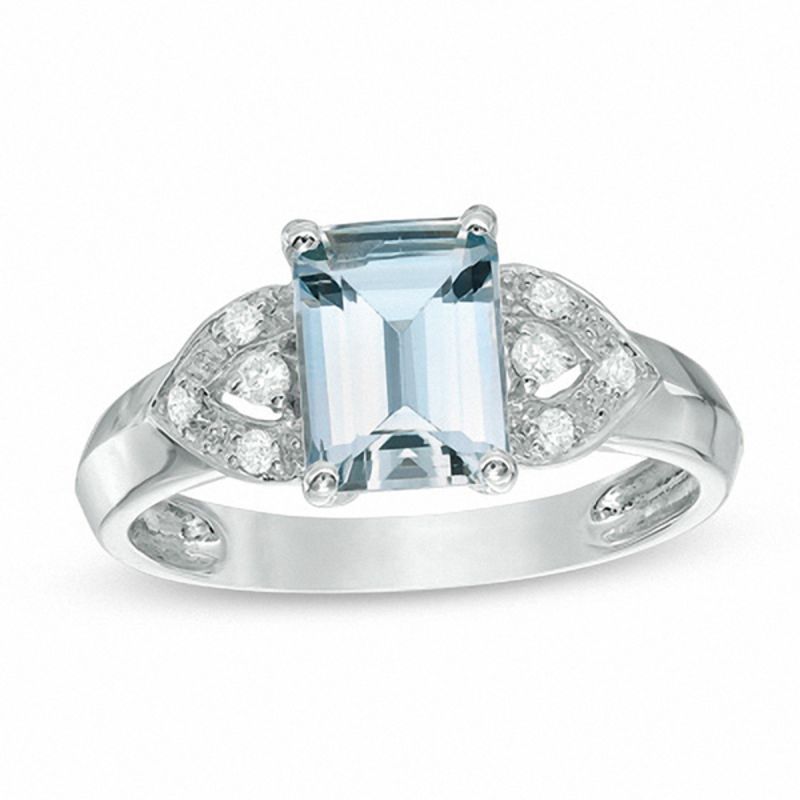 Emerald-Cut Aquamarine and Diamond Accent Petal Ring in 10K White Gold