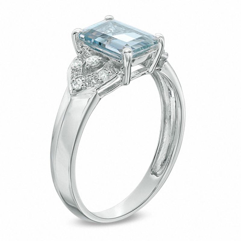 Emerald-Cut Aquamarine and Diamond Accent Petal Ring in 10K White Gold