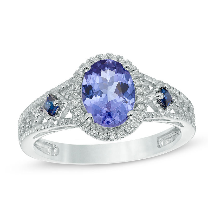 Oval Tanzanite, Blue Sapphire and Diamond Accent Vintage-Style Ring in 14K White Gold