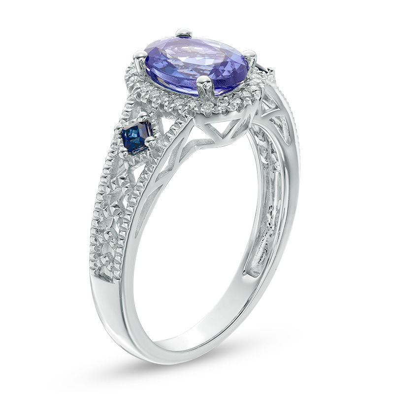 Oval Tanzanite, Blue Sapphire and Diamond Accent Vintage-Style Ring in 14K White Gold