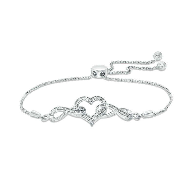 Main Image 1 of 1/10 CT. T.W. Diamond Heart and Interlocking Double Infinity Bolo Bracelet in Sterling Silver - 9.5"