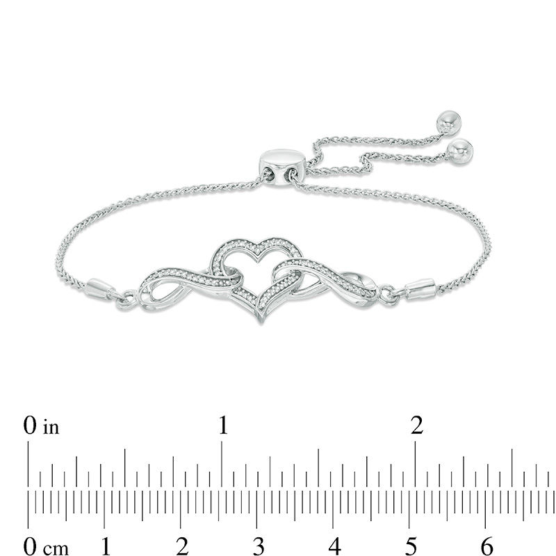 Main Image 2 of 1/10 CT. T.W. Diamond Heart and Interlocking Double Infinity Bolo Bracelet in Sterling Silver - 9.5"
