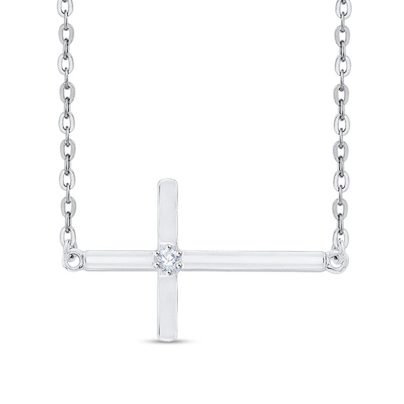 Diamond Accent Solitaire Sideways Cross Necklace in 10K White Gold