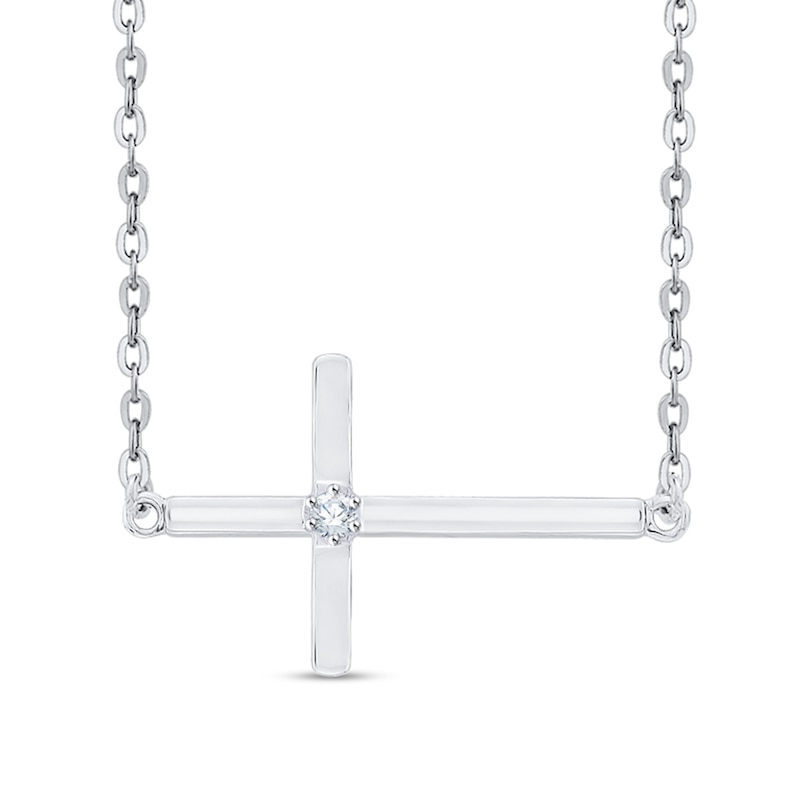 Main Image 1 of Diamond Accent Solitaire Sideways Cross Necklace in 10K White Gold