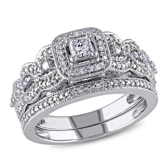 1/2 CT. T.W. Princess-Cut Diamond Frame Vintage-Style Bridal Set in 14K White Gold 1/2 CT. T.W. Princess-Cut Diamond Frame Vintage-Style Bridal Set in 14K White Gold