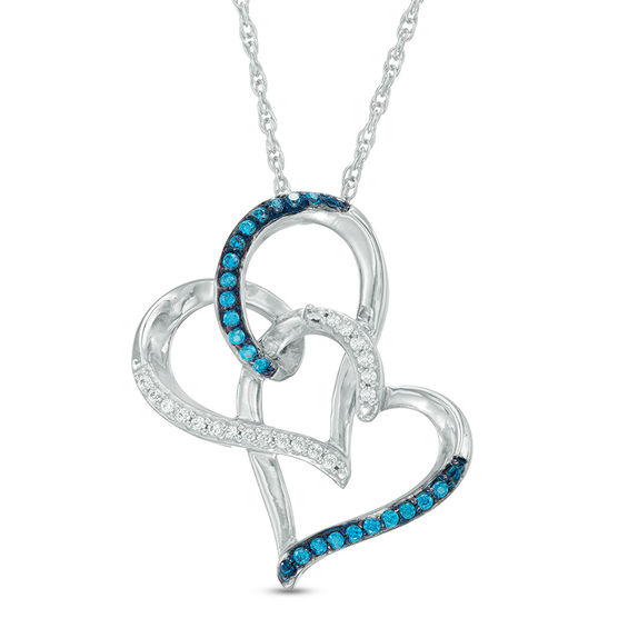 1/6 CT. T.w. Enhanced Blue and White Diamond Interlocking Tilted Hearts Pendant in Sterling Silver
