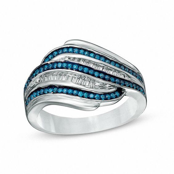 1/3 CT. T.w. Enhanced Blue and White Diamond Multi-Row Slant Ring in Sterling Silver