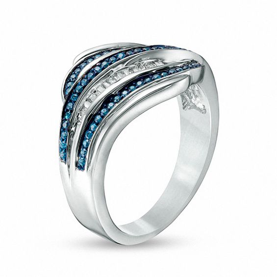 1/3 CT. T.w. Enhanced Blue and White Diamond Multi-Row Slant Ring in Sterling Silver