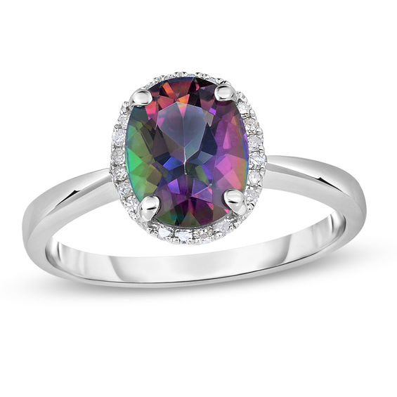 Emerald Cut Mystic Fire Topaz And 1 6 Ct T W Diamond Ring In 10k Oval Mystic Fire Topaz And Diamond Accent Frame Ring In 14k White Gold Size