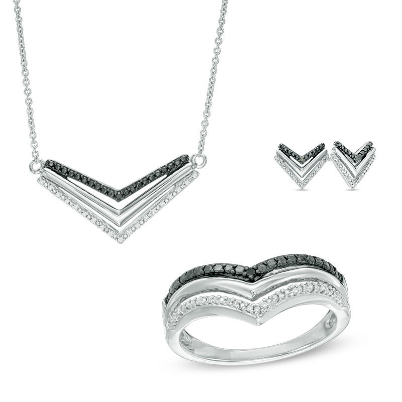 1/6 CT. T.W. Enhanced Black and White Diamond Chevron Necklace, Ring and Earring Set in Sterling Silver - Size 7