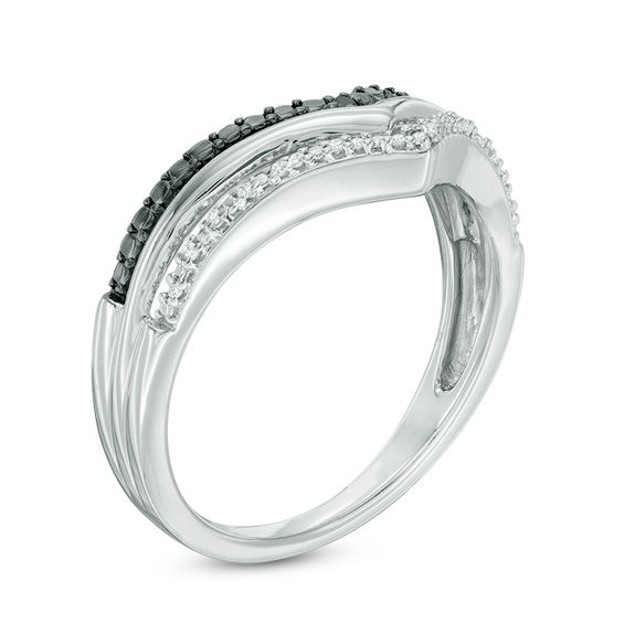 1/6 CT. T.w. Enhanced Black and White Diamond Chevron Necklace, Ring and Earring Set in Sterling Silver - Size 7