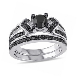 1-1/8 CT. T.W. Black Diamond Collar Split Shank Bridal Set in Sterling Silver