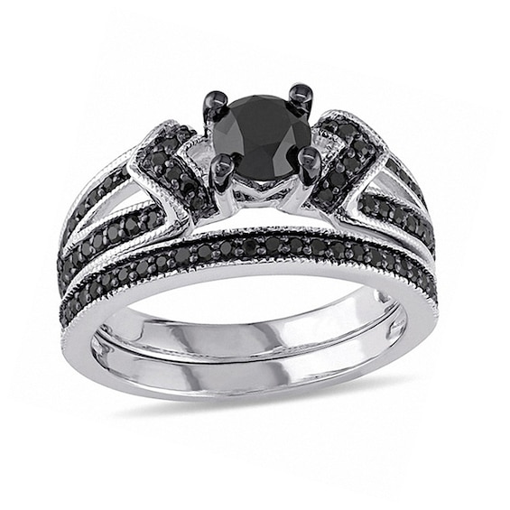 1-1/8 CT. T.w. Black Diamond Collar Split Shank Bridal Set in Sterling Silver