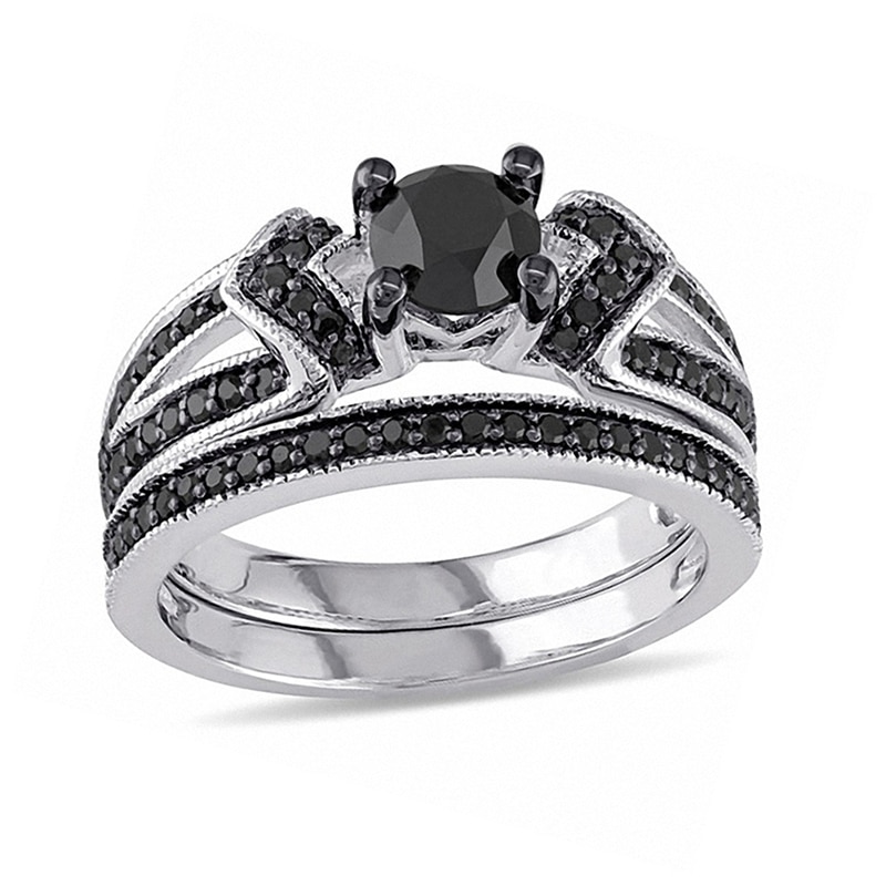 Main Image 1 of 1-1/8 CT. T.W. Black Diamond Collar Split Shank Bridal Set in Sterling Silver