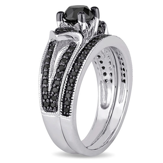 1-1/8 CT. T.w. Black Diamond Collar Split Shank Bridal Set in Sterling Silver