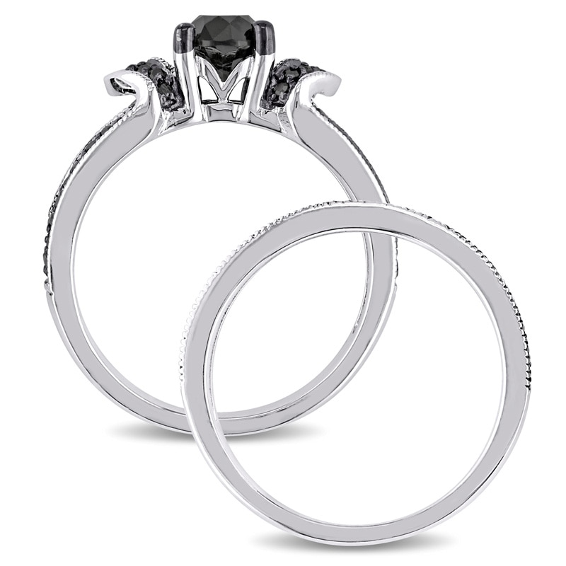 Main Image 3 of 1-1/8 CT. T.W. Black Diamond Collar Split Shank Bridal Set in Sterling Silver