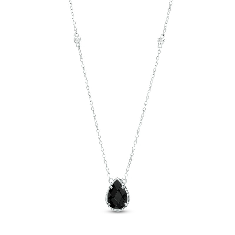 Main Image 1 of Pear-Shaped Onyx and White Topaz Station Necklace in Sterling Silver