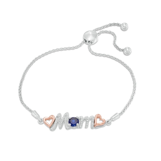 5.0mm Lab-Created Blue Sapphire and Diamond Accent Mom Bolo Bracelet in Sterling Silver and 10K Rose Gold - 9.5"