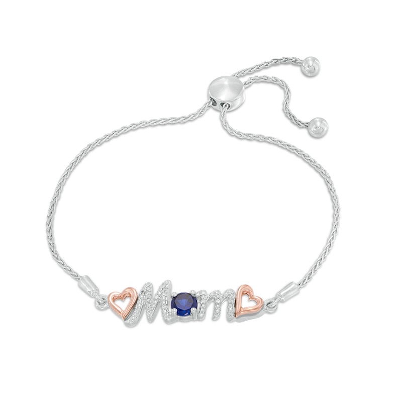 Main Image 1 of 5.0mm Lab-Created Blue Sapphire and Diamond Accent "Mom" Bolo Bracelet in Sterling Silver and 10K Rose Gold - 9.5"