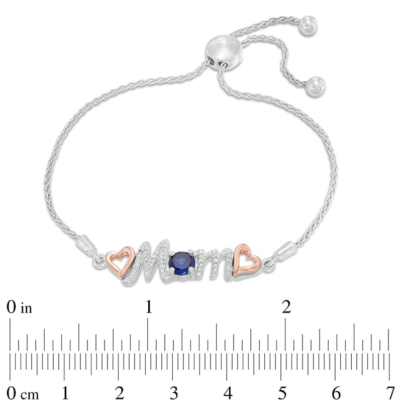 Main Image 2 of 5.0mm Lab-Created Blue Sapphire and Diamond Accent "Mom" Bolo Bracelet in Sterling Silver and 10K Rose Gold - 9.5"